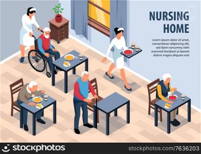 Isometric nursing home background composition with view of dining room in seniors complex with editable text vector illustration