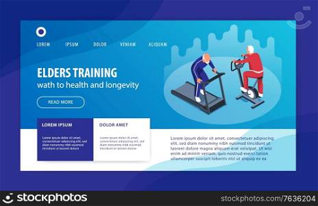 Isometric nursing home website template design with images of elderly people doing physical exercises on machines vector illustration