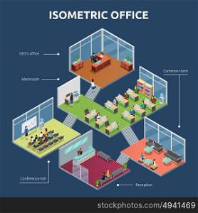 Isometric Office 3 Floor Building Plan . Isometric business organization office 3 storey building plan interior view dark background poster abstract vector illustration