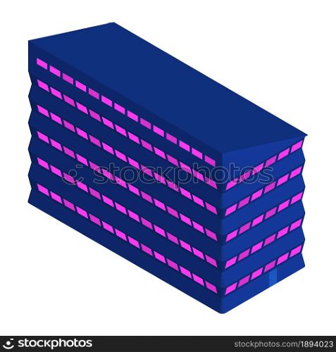 Isometric office building isolated on white. Blue house with purple windows. Vector EPS10.