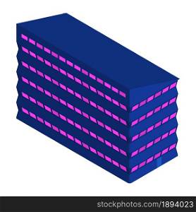 Isometric office building isolated on white. Blue house with purple windows. Vector EPS10.