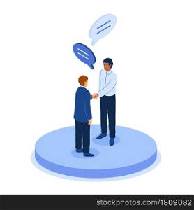 Isometric office. Business people. Cartoon men shaking hands and talking. Corporate departments division. Workers meeting for concluding contracts. Employees with speech bubbles. Vector illustration. Isometric office. Business people. Men shaking hands and talking. Corporate departments division. Meeting for concluding contracts. Employees with speech bubbles. Vector illustration