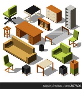 Isometric office furniture. 3d cabinet with table, chairs and armchair, sofa and shelves. Vector illustration set of table and chair, sofa and armchair. Isometric office furniture. 3d cabinet with table, chairs and armchair, sofa and shelves. Vector illustration set