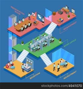 Isometric Office Illustration. Many-storeyed isometric office with clerks at their workplaces vector illustration