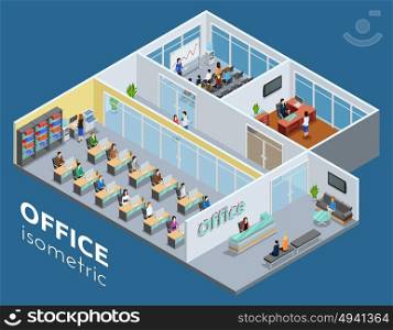 Isometric Office Interior View Poster. Isometric one level business office interior view with workroom reception and conference hall poster abstract vector illustration