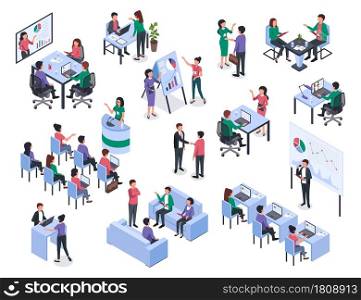 Isometric office meeting, business training, coaching and mentoring. Leader presenting new project. Educational business seminars vector set. Employees discussing company development. Isometric office meeting, business training, coaching and mentoring. Leader presenting new project. Educational business seminars vector set