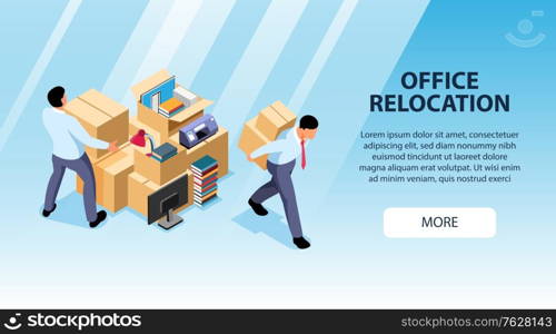 Isometric office move horizontal banner with editable text more button and images of people moving boxes vector illustration