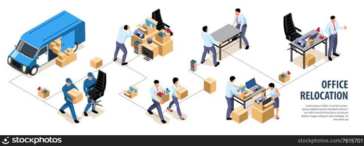 Isometric office move infographics with images of people with boxes and van combined in flowchart composition vector illustration