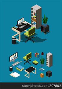 Isometric office workspace with different furniture and elements. Table, chair and computer, lamp and flowers. Business office furniture for workplace, vector illustration. Isometric office workspace with different furniture and elements. Table, chair and computer, lamp and flowers