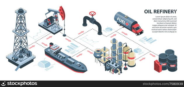 Isometric oil petroleum industry horizontal infographics with isolated images of infrastructure elements with arrows and graphs vector illustration