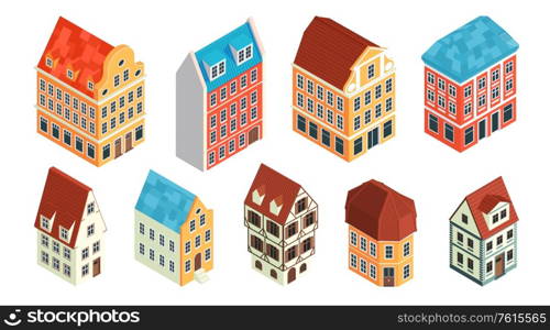 Isometric old town set with colourful isolated images of vintage medieval style houses on blank background vector illustration