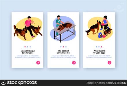 Isometric one day dog vertical banners with switch page buttons editable text animals and human characters vector illustration