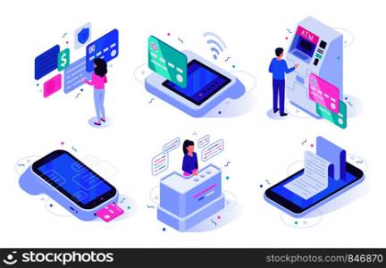 Isometric online cashier. Cash register terminal purchase checkout, sales outlet with buyers and atm customer. Banking payment cashier services. Isolated vector illustration icons set. Isometric online cashier. Cash register terminal purchase checkout, sales outlet with buyers and atm customer vector illustration set