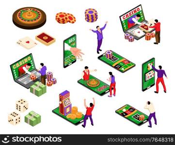 Isometric online casino set with isolated conceptual icons of smartphone gaming tables for roulette and cards vector illustration