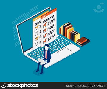 Isometric online checking. Business vector illustration concept