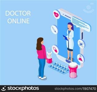 Isometric online doctor consultation, healthcare, medical concept. Web design vector template. Online medical support. Healthcare services, Vector illustration in flat style. Online medicine healthcare isometric