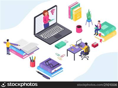 Isometric online education, distance study and learn. Vector online teaching and training, students getting knowledge illustration. Isometric online education, distance study and learn
