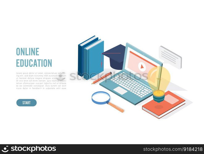 Isometric online education, e learning and adult courses concept. Language distance school. Modern 3d vector illustration for web site, banner design, video tutorial, landing page template