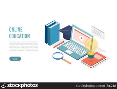 Isometric online education, e learning and adult courses concept. Language distance school. Modern 3d vector illustration for web site, banner design, video tutorial, landing page template