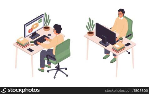 Isometric online education. Man sitting at computer, back and face view, personal workplace, distance learning, student or school pupil at desktop with laptop. Vector isolated e-learning illustration. Isometric online education. Man sitting at computer, back and face view, personal workplace, distance learning, student at desktop with laptop. Vector isolated e-learning illustration