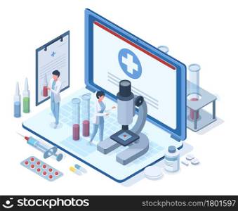Isometric online medical healthcare concept. Pharmacy research, medical treatment, healthcare diagnostic vector illustration. Online medical service concept. Laptop screen with scientists. Isometric online medical healthcare concept. Pharmacy research, medical treatment, healthcare diagnostic vector illustration. Online medical service concept