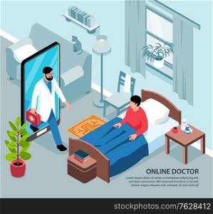 Isometric online medicine background composition with view of living room and sick person with smartphone doctor vector illustration