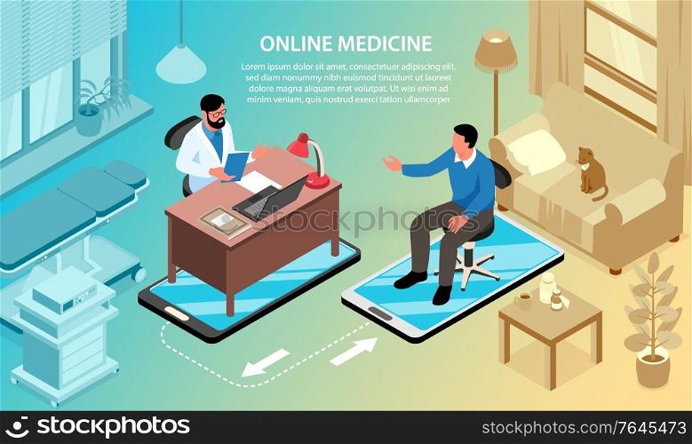 Isometric online medicine horizontal background composition with text and combined views of hospital and living room vector illustration
