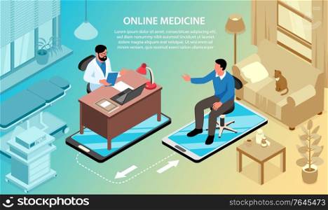 Isometric online medicine horizontal background composition with text and combined views of hospital and living room vector illustration