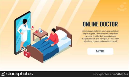 Isometric online medicine horizontal banner with more button editable text and patients smartphone with medical specialist vector illustration