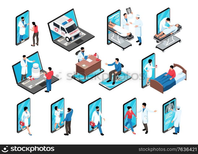 Isometric online medicine set of isolated electronic gadget icons doctors and patients characters with ambulance car vector illustration