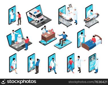 Isometric online medicine set of isolated electronic gadget icons doctors and patients characters with ambulance car vector illustration