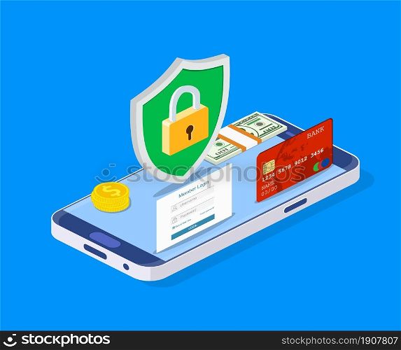 Isometric online payment protection system. Smartphone and credit card. Mobile data security. Secure bank transaction with password verification via internet. Vector illustration in flat style.. Isometric online payment protection system.