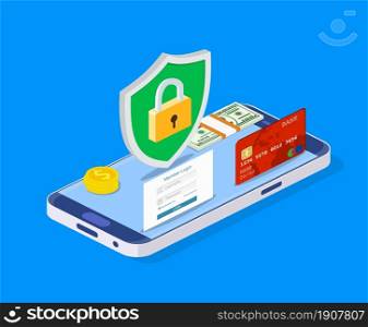 Isometric online payment protection system. Smartphone and credit card. Mobile data security. Secure bank transaction with password verification via internet. Vector illustration in flat style.. Isometric online payment protection system.