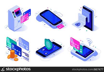 Isometric online payments. Electronic finances bill, finance payment security and digital purchase. Commerce mobile apps, digital shopping transaction. Isolated vector illustration icons set. Isometric online payments. Electronic finances bill, finance payment security and digital purchase vector illustration set