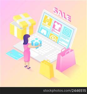 Isometric online shopper. Female character with package, laptop, bags, sale, credit card. Internet shopping concept. Infographic isometric vector illustration on bright pink and yellow background