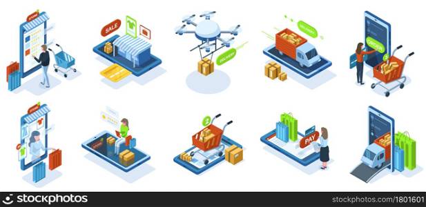Isometric online shopping, e-shop purchasing payment. Online shops marketplace customers, e-shop payment technology vector illustration set. E-commerce purchasing characters, drone delivery. Isometric online shopping, e-shop purchasing payment. Online shops marketplace customers, e-shop payment technology vector illustration set. E-commerce purchasing characters