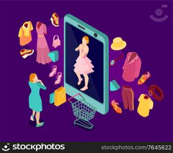 Isometric online shopping fashion composition with female character smartphone mirror and images of clothes and accessories vector illustration