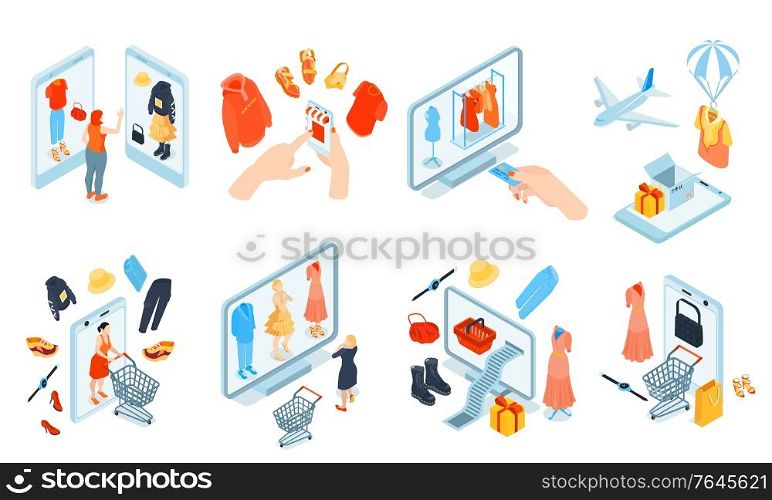Isometric online shopping fashion set of isolated icons of goods and electronic gadgets on blank background vector illustration