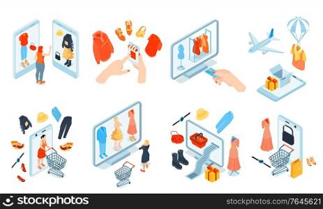 Isometric online shopping fashion set of isolated icons of goods and electronic gadgets on blank background vector illustration