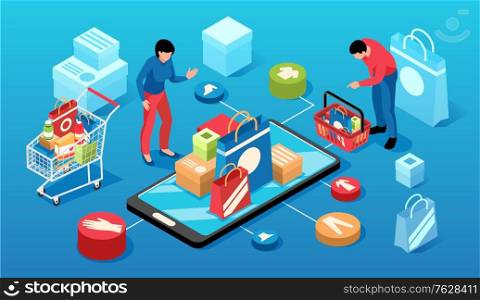 Isometric online shopping horizontal composition with 3d round pictograms of goods shopping carts smartphone and people vector illustration