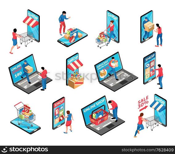 Isometric online shopping set of isolated sale icons storefront elements mounted on smartphone and laptop screens vector illustration