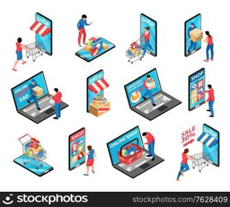 Isometric online shopping set of isolated sale icons storefront elements mounted on smartphone and laptop screens vector illustration