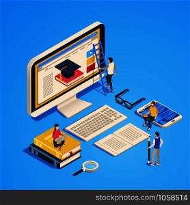 Isometric online teaching. Internet classroom, student learning at computer class. Online university graduate, studying training tutorial or exam. Laptop education 3d vector illustration. Isometric online teaching. Internet classroom, student learning at computer class. Online university graduate 3d vector illustration
