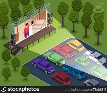 Isometric open air cinema composition with cars in outdoor landscape of drive-in theater screening movie vector illustration