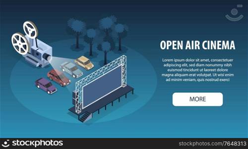 Isometric open air cinema horizontal banner with row of cars in front of screen with projector vector illustration