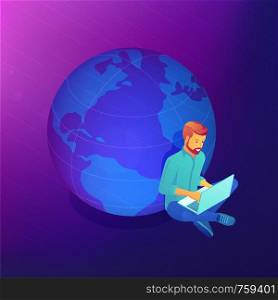 Isometric outsource developer designer working on laptop behind the globe. International cooperation, outdoor working and networking vector 3D isometric illustration on ultraviolet background.. Isometric outsource job concept