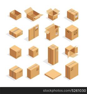 Isometric Packaging Boxes Set. Isometric carton packaging box images set of different size with postal signs this side up fragile vector illustration