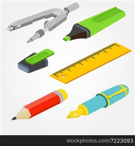 Isometric pair of compasses, fountain pen, pencil, ruler and marker on white background. For web design and application interface, also useful for infographics.Vector illustration.. Isometric pair of compasses, fountain pen, pencil, ruler and mar