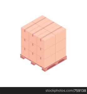 Isometric pallet with boxes. A pallet with small cardboard boxes for transportation and storage. Cargo concept. Design for landing page of modern warehouse. Vector 3d illustration on white background.. Pallet with small boxes isometric vector illustration