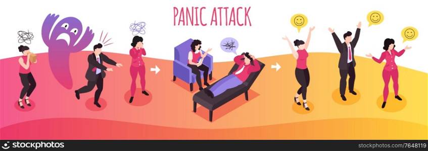 Isometric panic attack people composition with text and human characters therapy stages and mood pictogram signs vector illustration